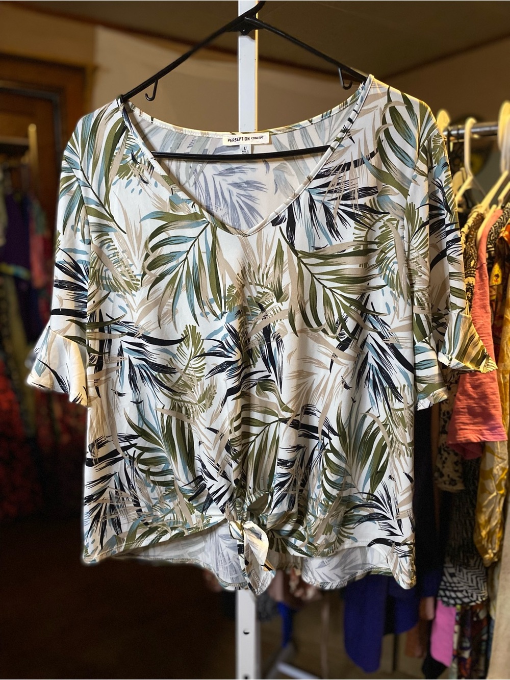 PerSeption Concept White Tropical Leaf Print Tie-Front Blouse